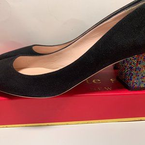 Lovingly Used Kate Spade Black Suede Multicolored Crystal Heels, 'Milan', Sz. 7M